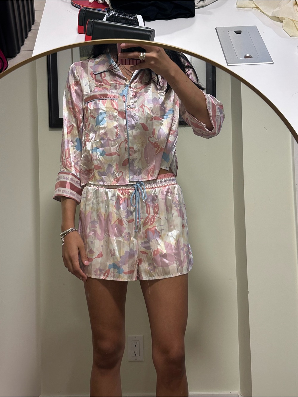 Sleepy Floral Satin Short Pajama Set - Pink Multicolor